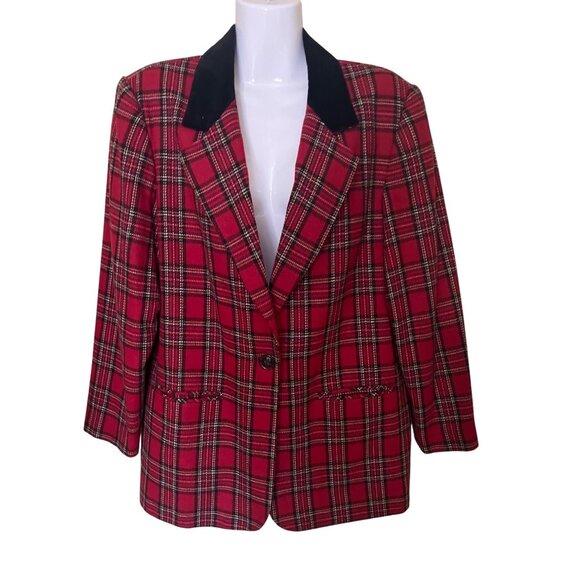 Sage Harbor Womens Wool Blend Plaid Blazer Size 12 Red & Black Acedemia - Picture 1 of 9